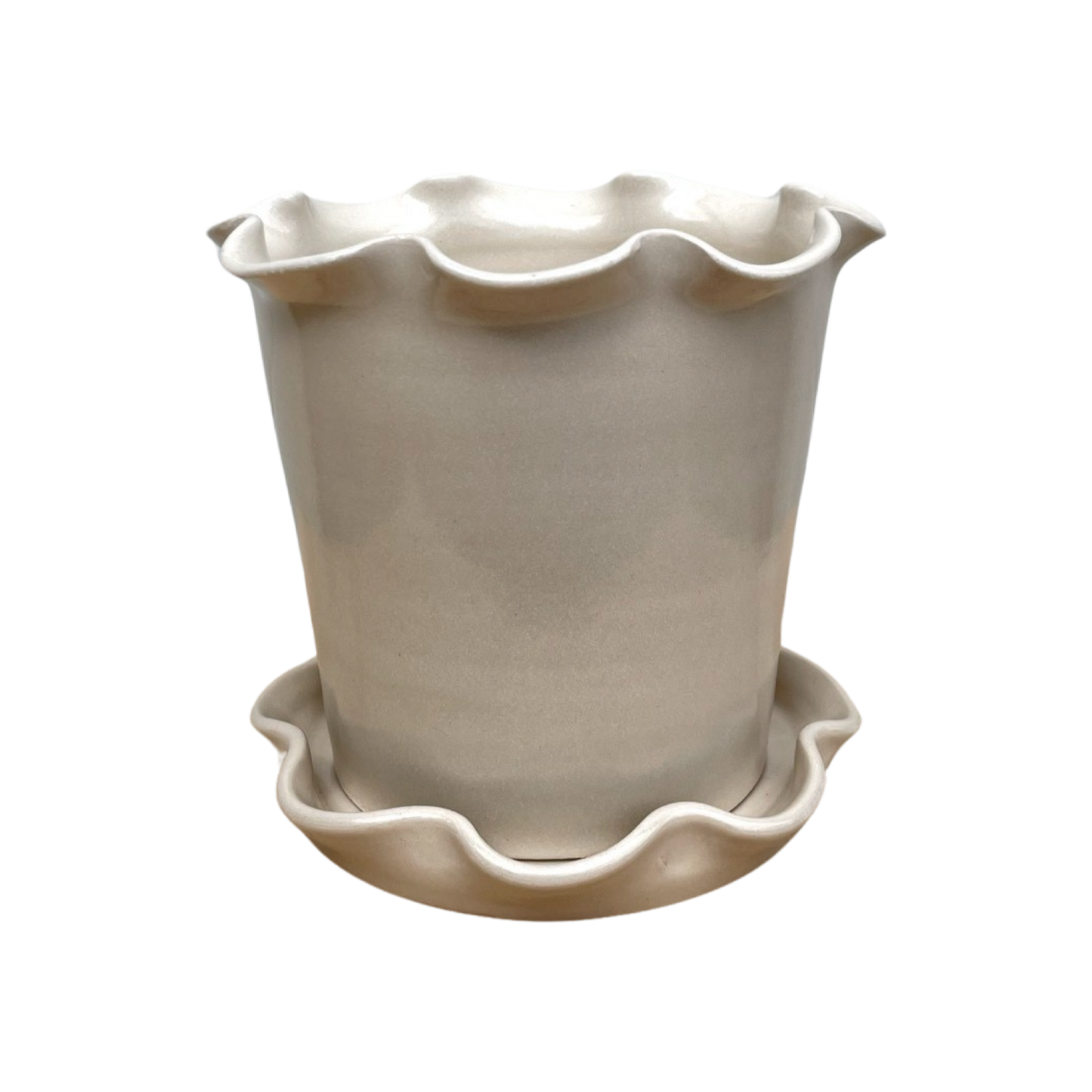 Frilly Pot and Saucer Off White Stoneware Small