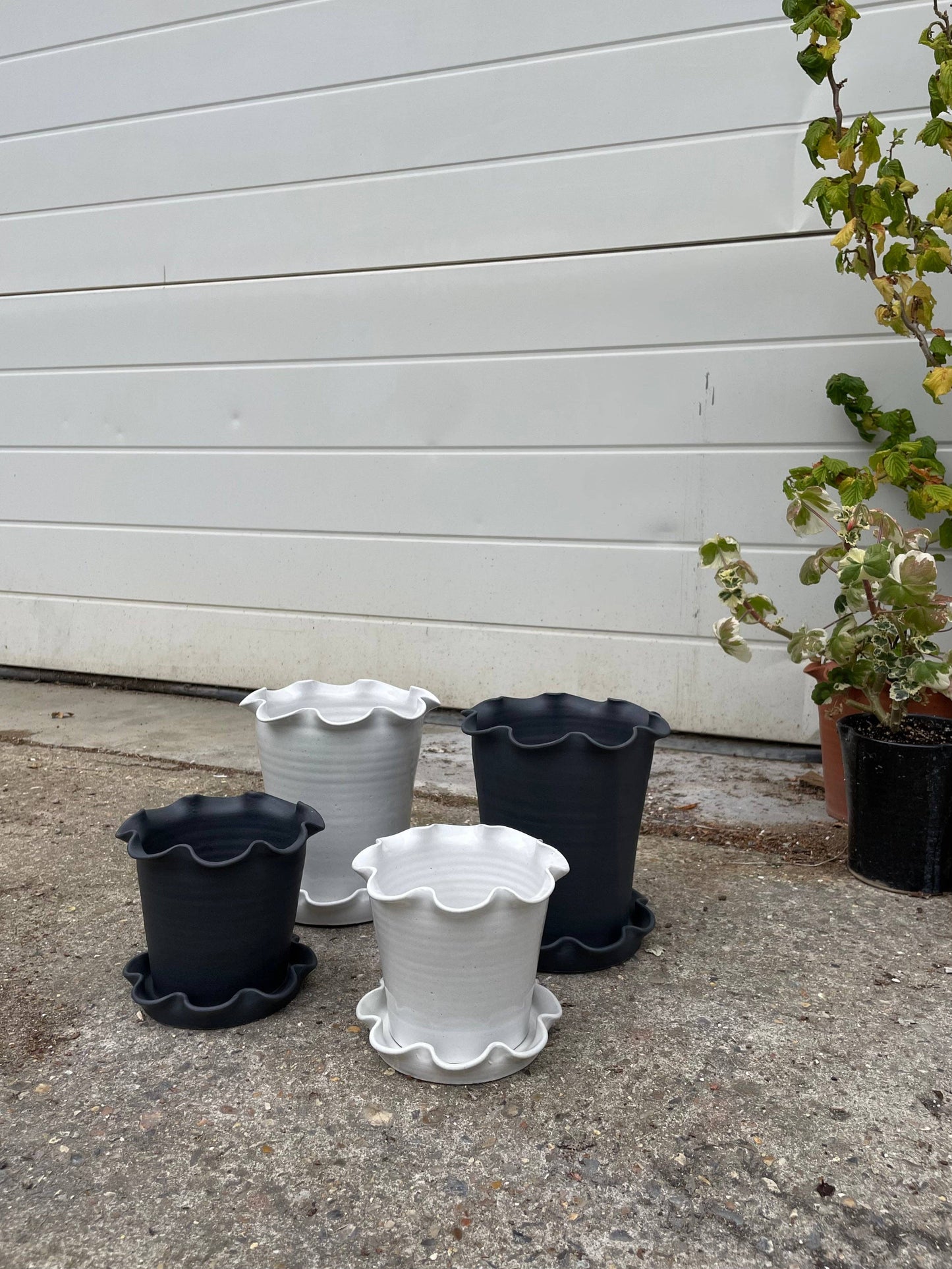 Frilly Pot and Saucer White Stoneware Small