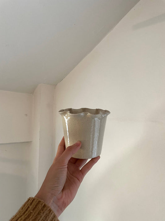 Frilly Pot and Saucer Off White Stoneware Small