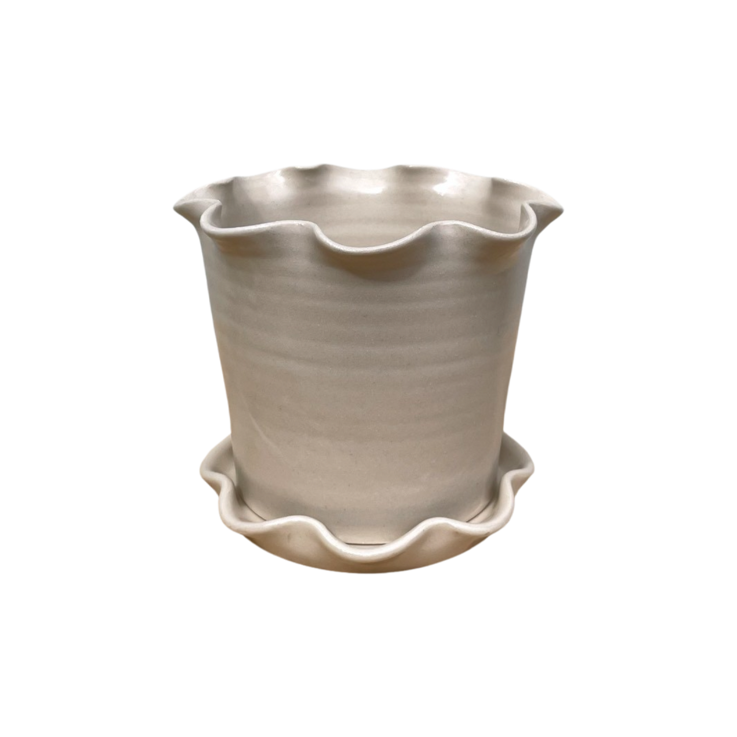 Frilly Pot and Saucer Off White Stoneware Small