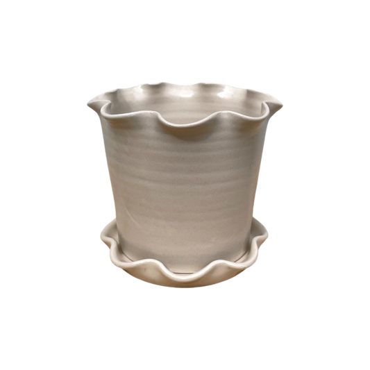 Frilly Pot and Saucer Off White Stoneware Small