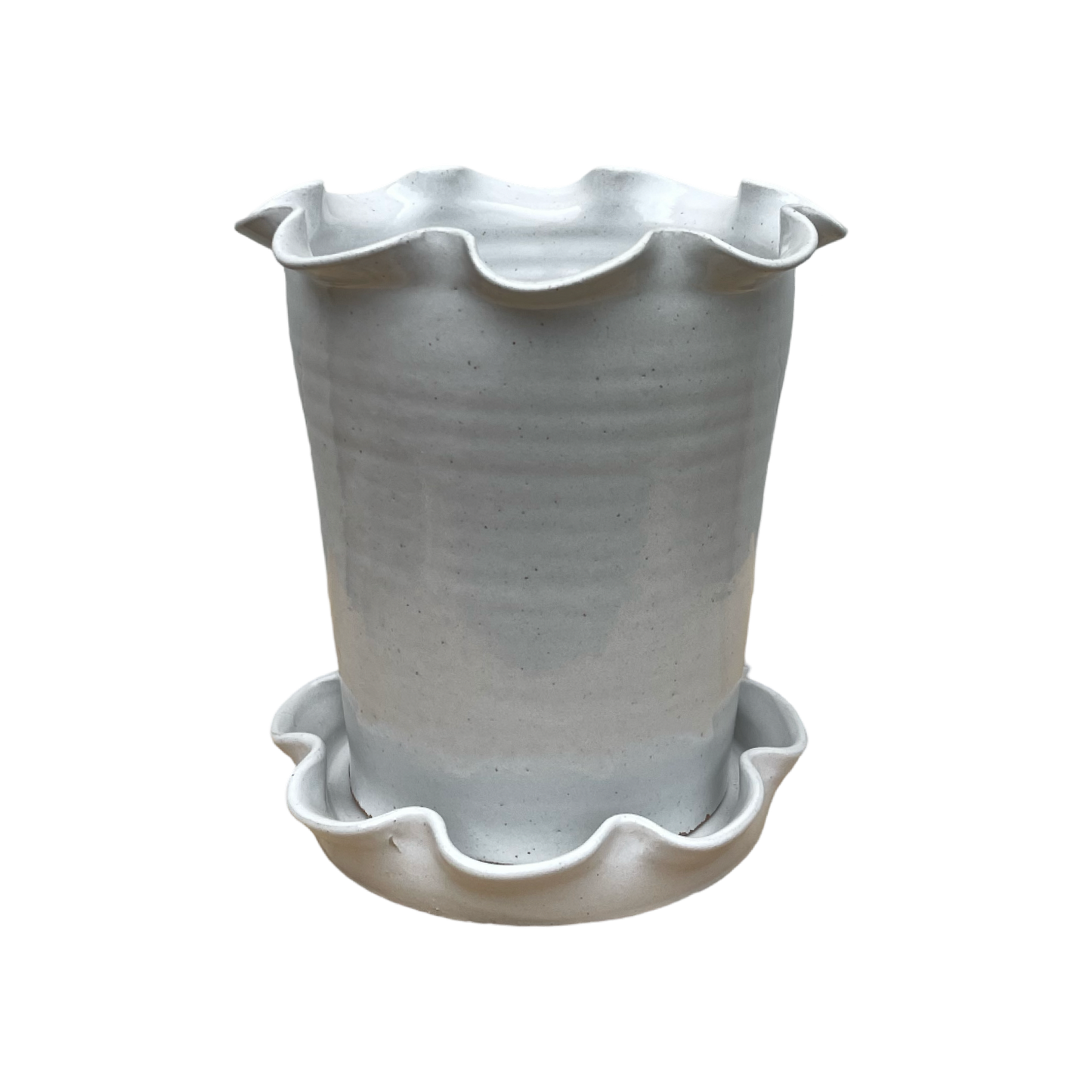 Frilly Pot and Saucer White Stoneware Small