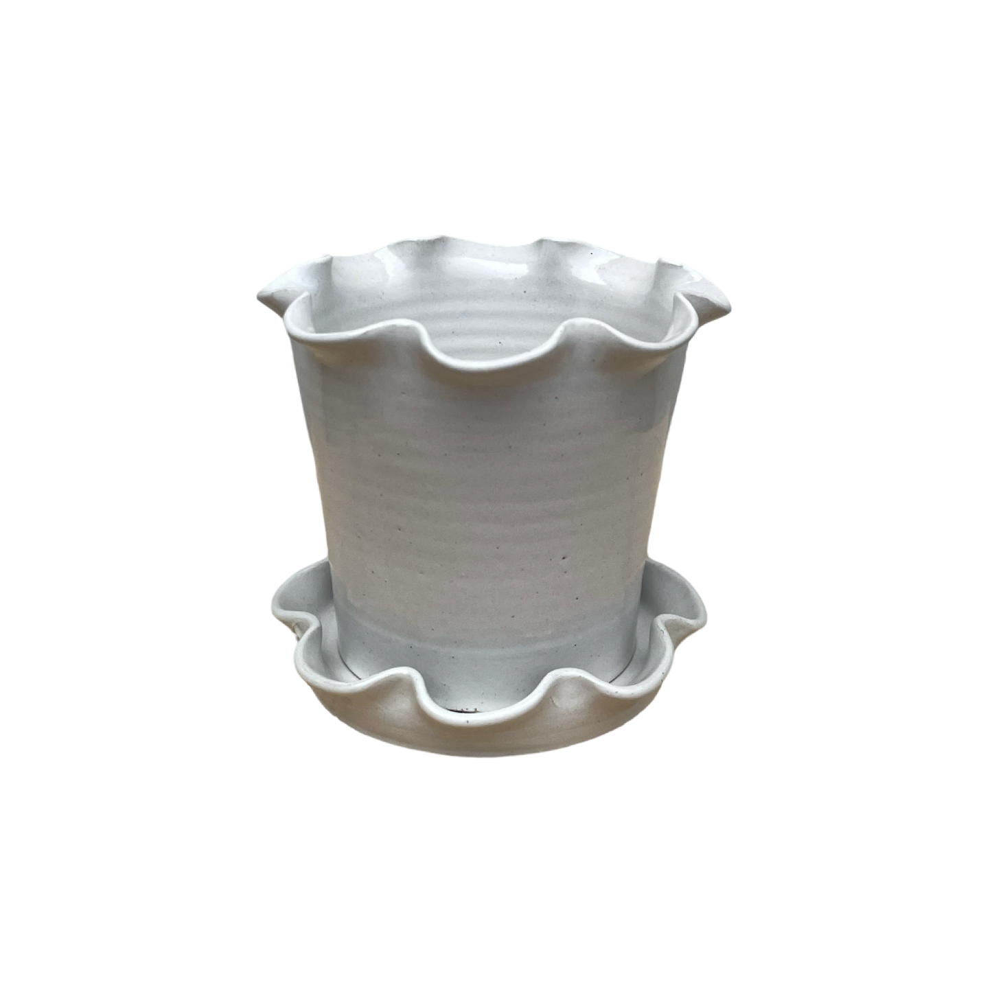 Frilly Pot and Saucer White Stoneware Small