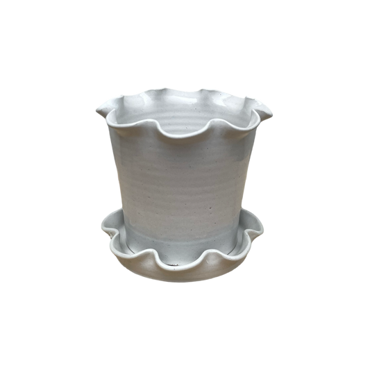 Frilly Pot and Saucer White Stoneware Small