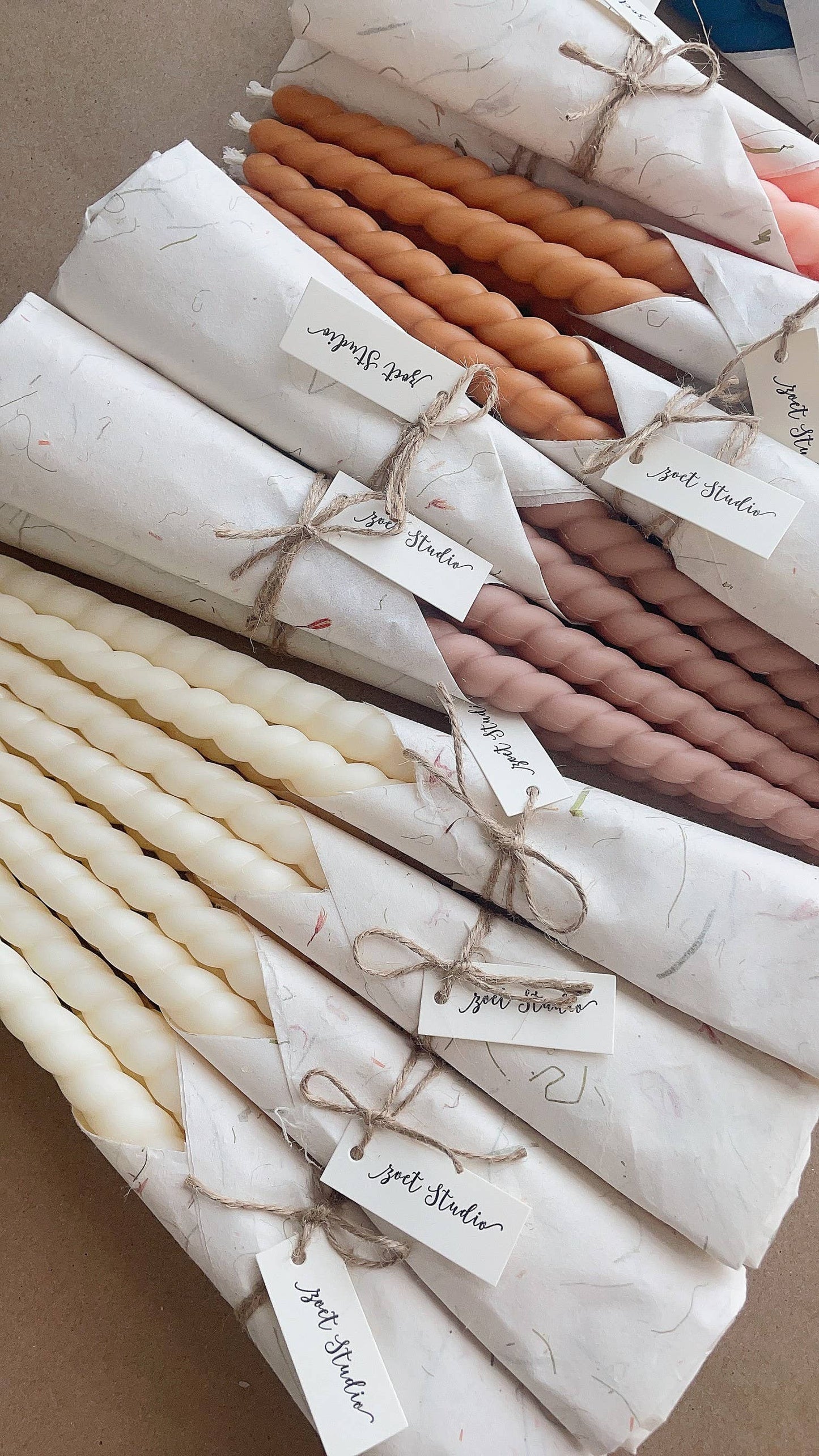 Beeswax & Soy Wax Twisted Taper Candle Set: Cream White / Tissue Wrapping