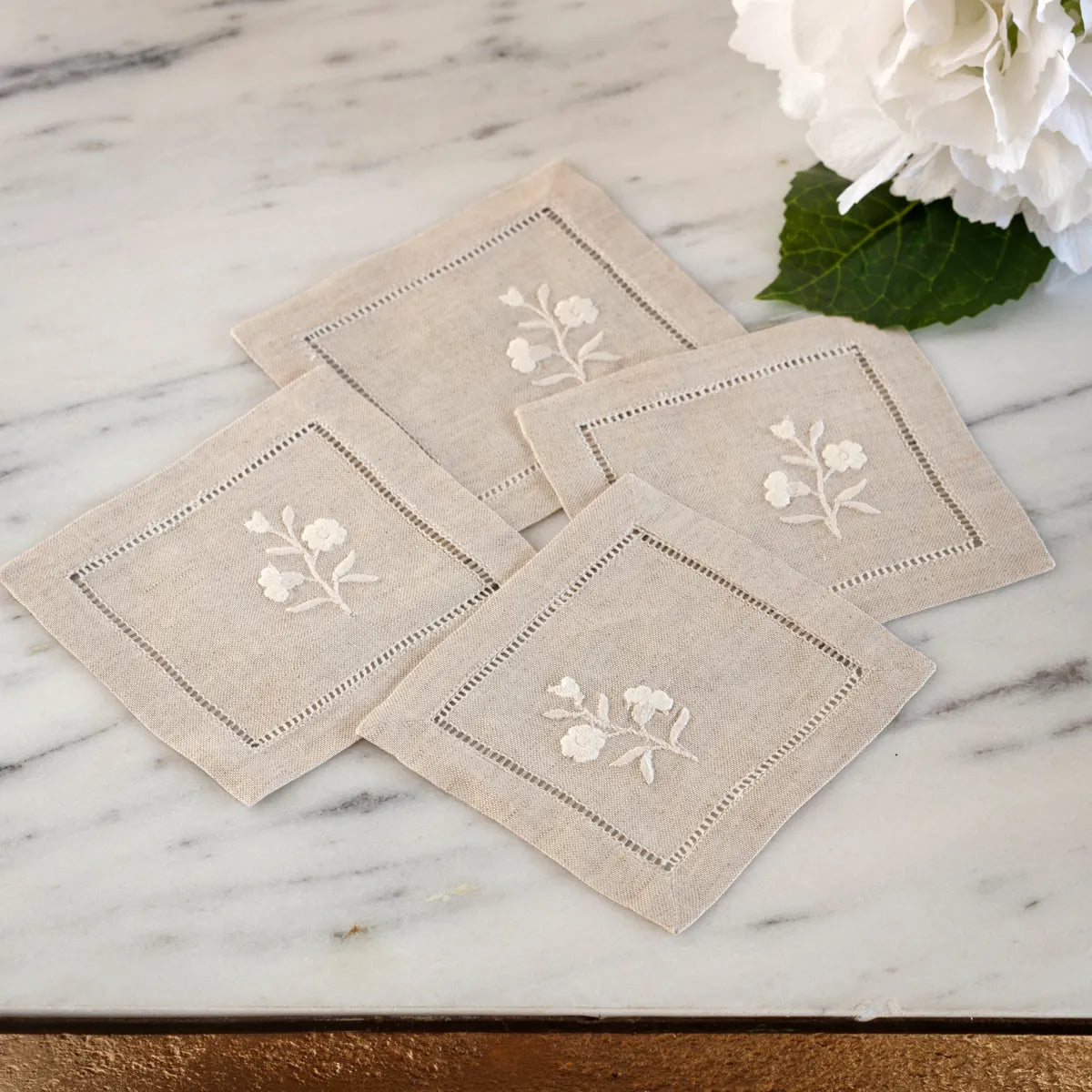 Floret Embroidered Linen Coaster, Set of 4