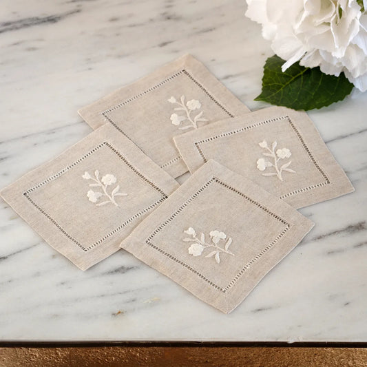 Floret Embroidered Linen Coaster, Set of 4