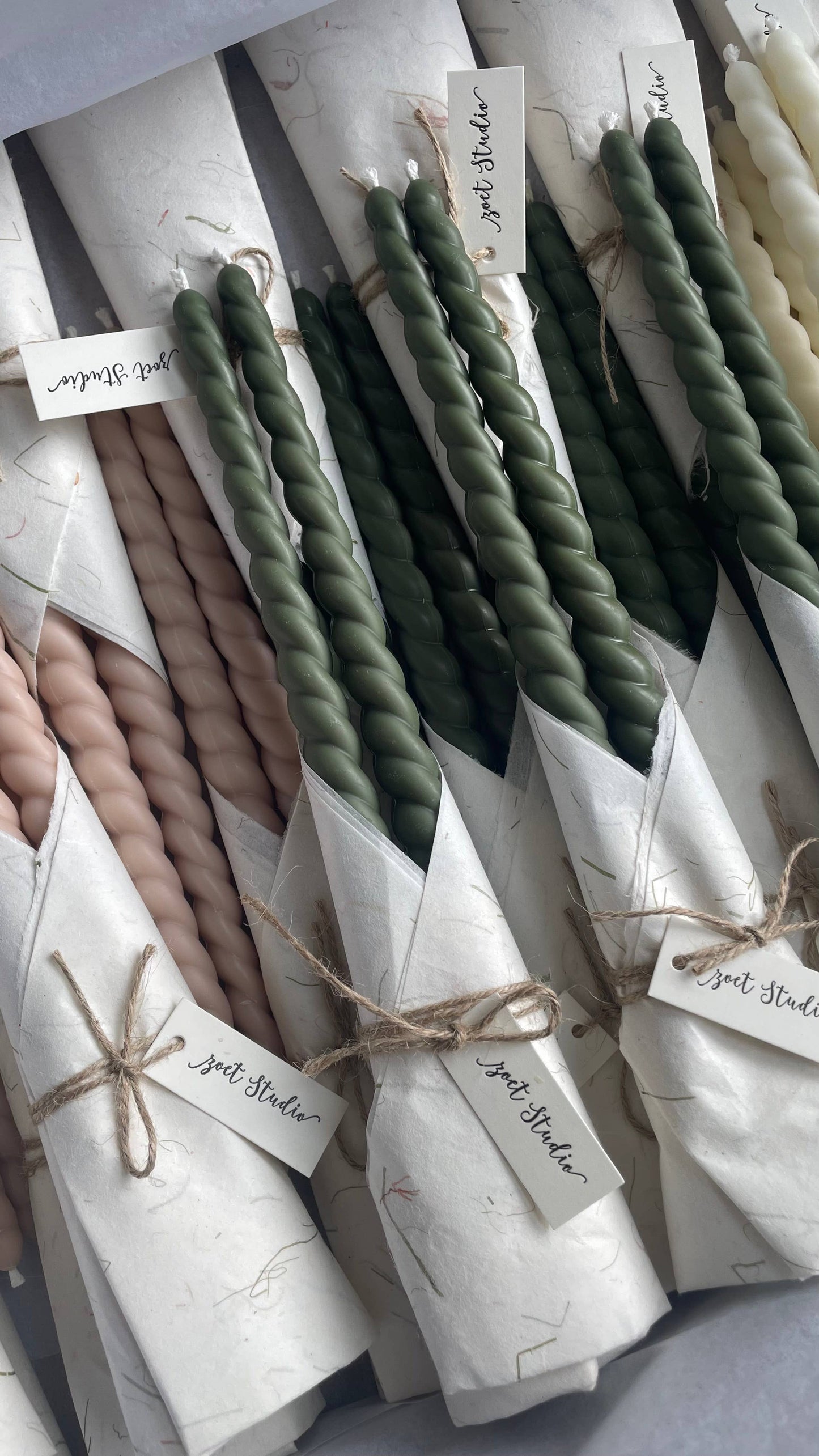 Beeswax & Soy Wax Twisted Taper Candle Set: Cream White / Tissue Wrapping